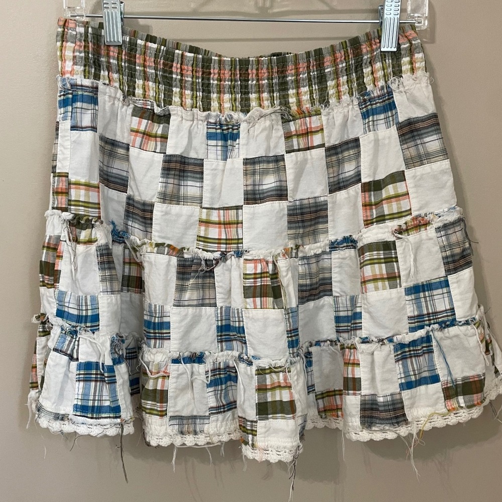 Free People Vintage 90s Madras Plaid Patchwork Tiered Mini Skirt Smocked Waist